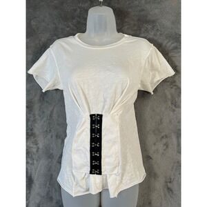 NSF Jorji T Shirt Womens Small White Corset Hook & Eye 100% Cotton Crew Neck